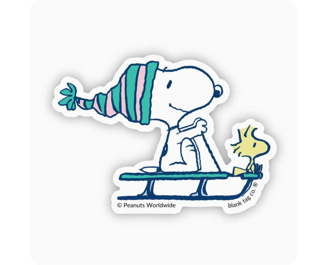 Waterproof Snoopy Peanuts sticker, Snoopy on sled with striped blanket