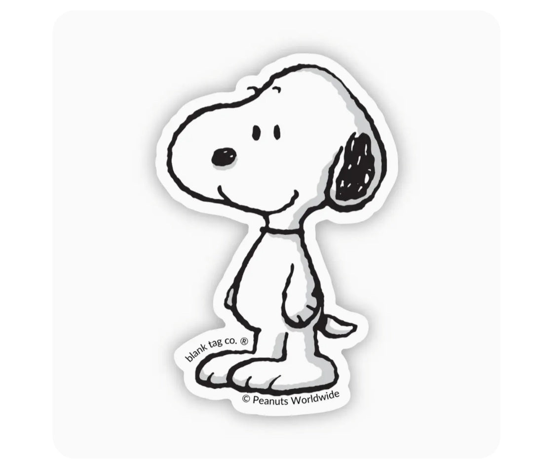 Waterproof Snoopy Peanuts sticker, white with black line-art character and text