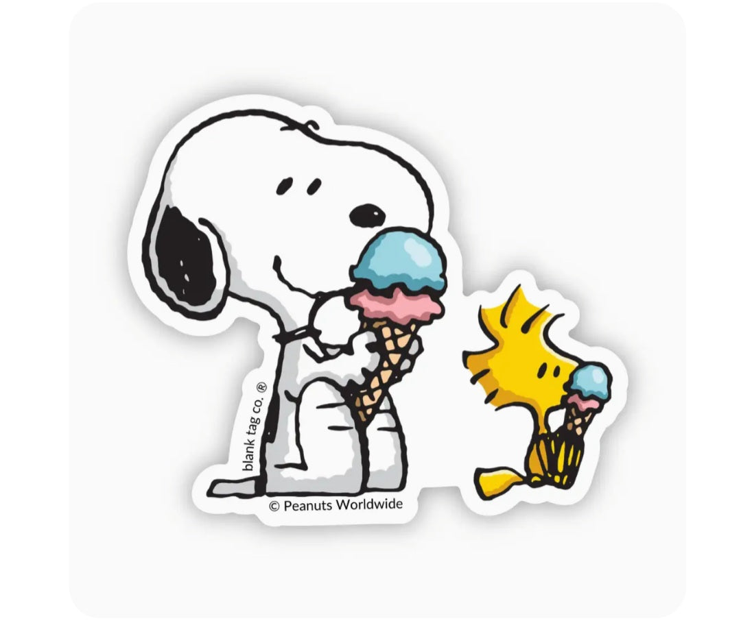 Waterproof sticker featuring Snoopy with ice cream and Woodstock holding a cone