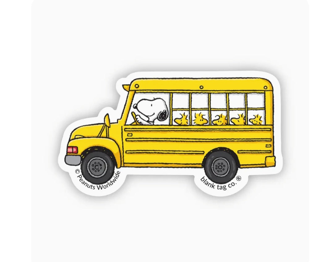 Waterproof sticker of yellow school bus with Snoopy driving and Peanuts stars