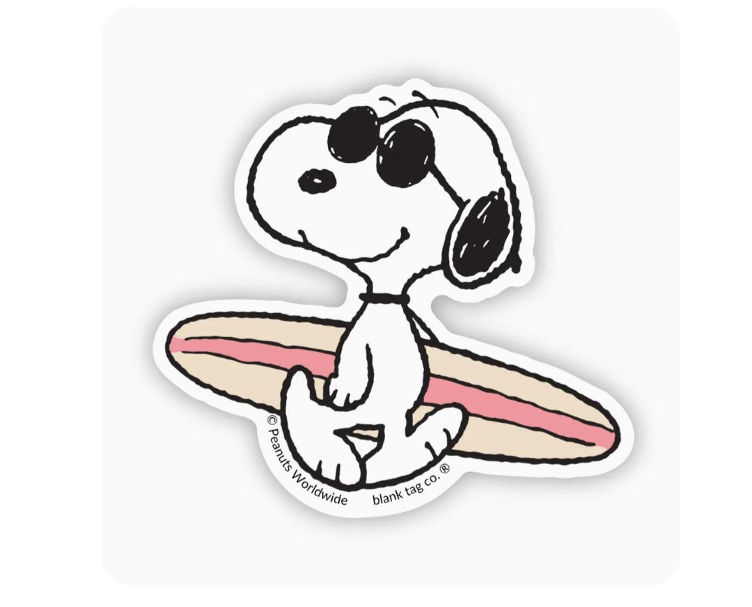 Waterproof Peanuts sticker of Snoopy surfing with a surfboard, white border