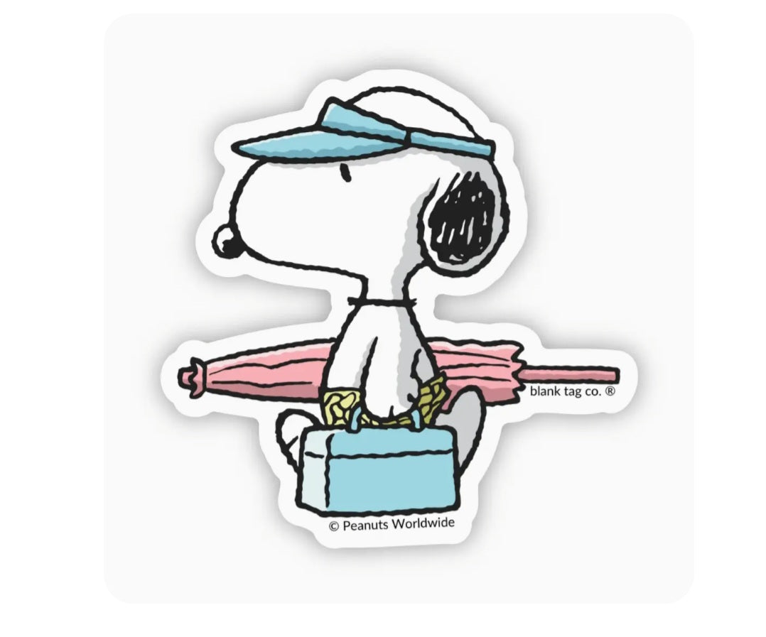 Waterproof Peanuts sticker of Snoopy wearing a blue hat, holding a pink surfboard