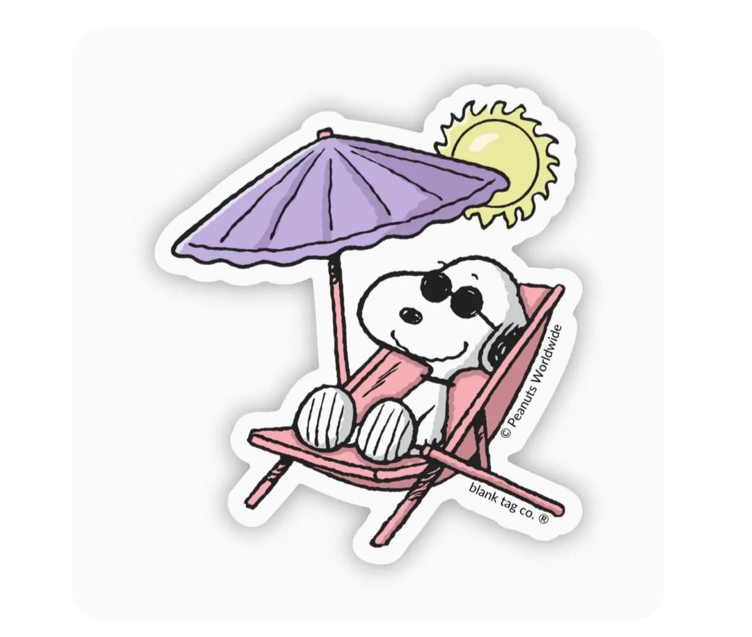 Die-cut waterproof sticker of Snoopy relaxing under a purple beach umbrella