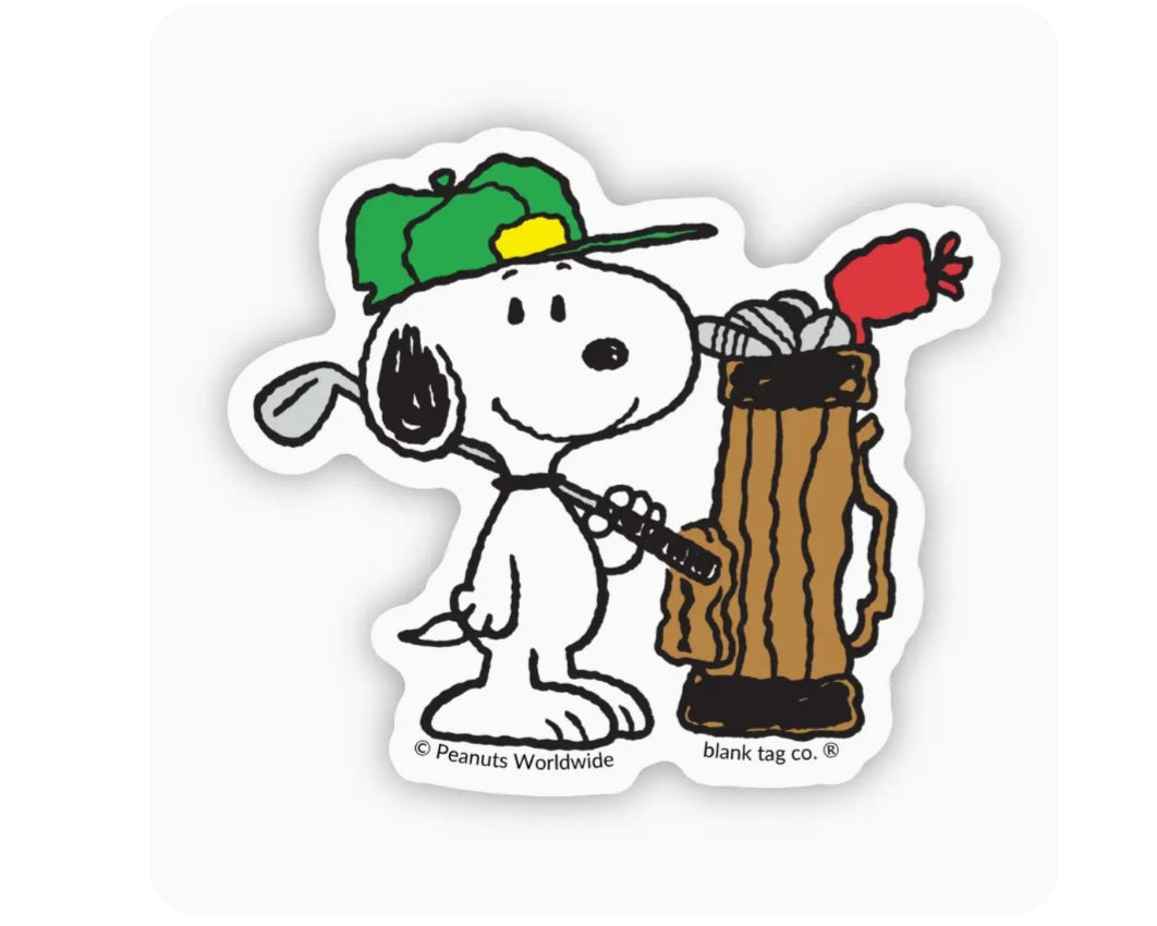 Peanuts Snoopy golfing waterproof sticker, white character holding club near brown bag