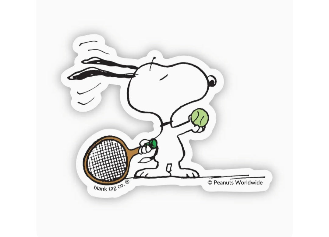 Peanuts Snoopy tennis waterproof sticker with racket and green ball, white die-cut