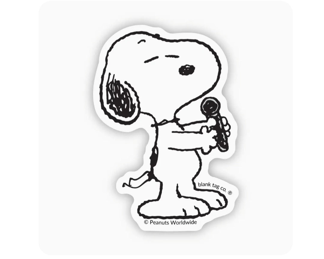 Waterproof Peanuts Snoopy sticker with Snoopy holding a guitar, white outline