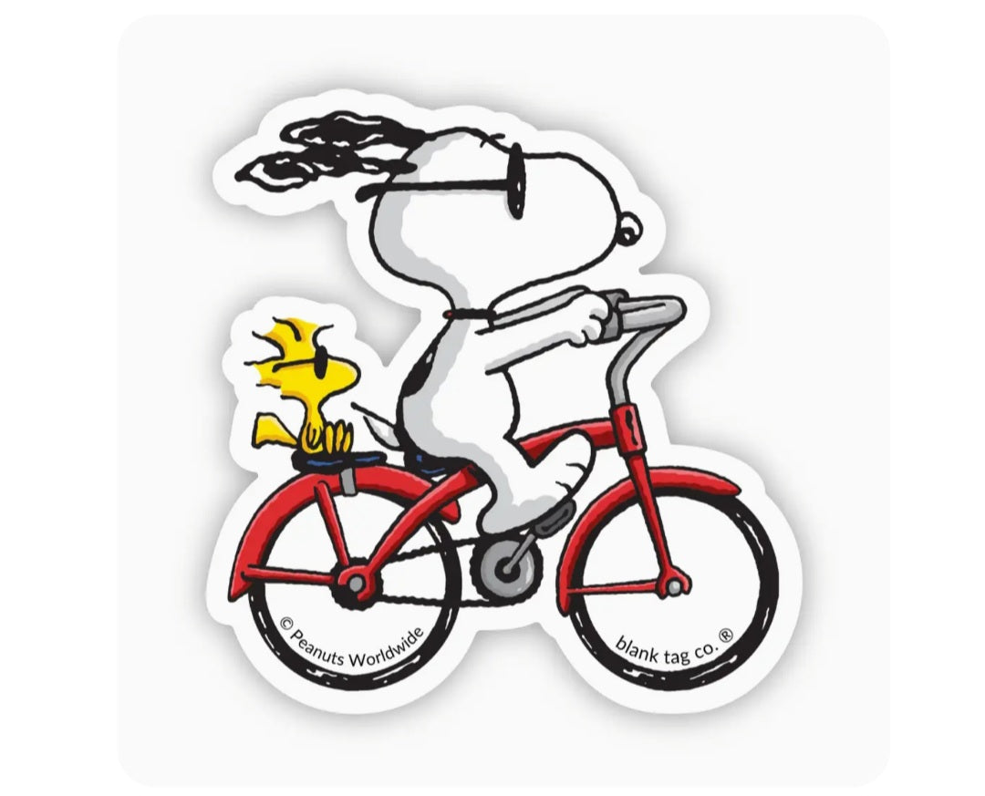 Waterproof Snoopy Peanuts biking sticker, red bike with yellow stars and gray dog