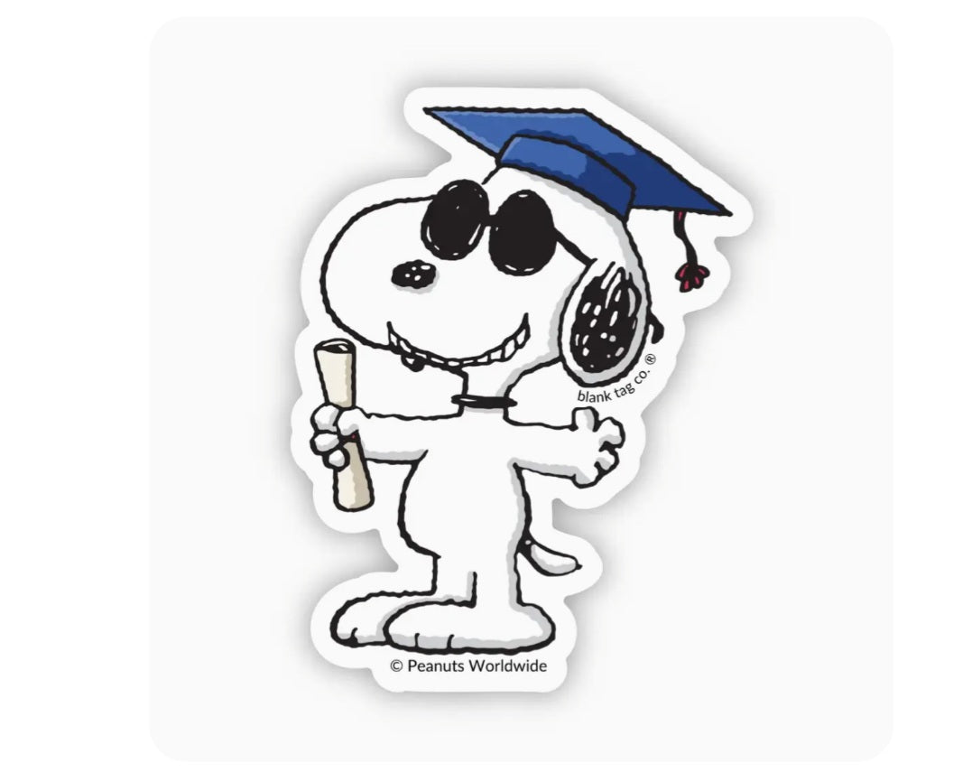 Waterproof Peanuts sticker of Snoopy in graduation cap holding certificate