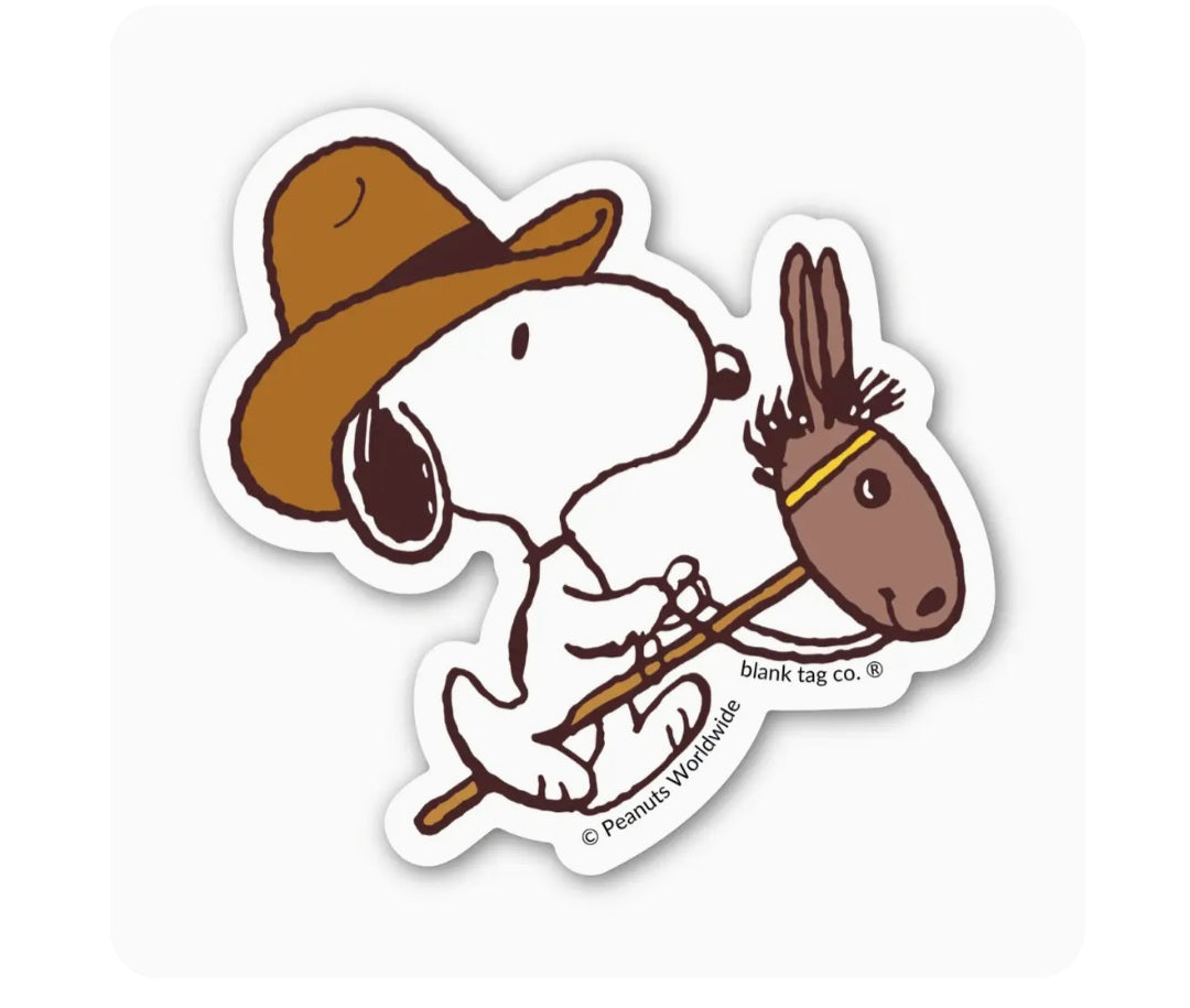 Waterproof Peanuts sticker showing Snoopy playing guitar with Woodstock.