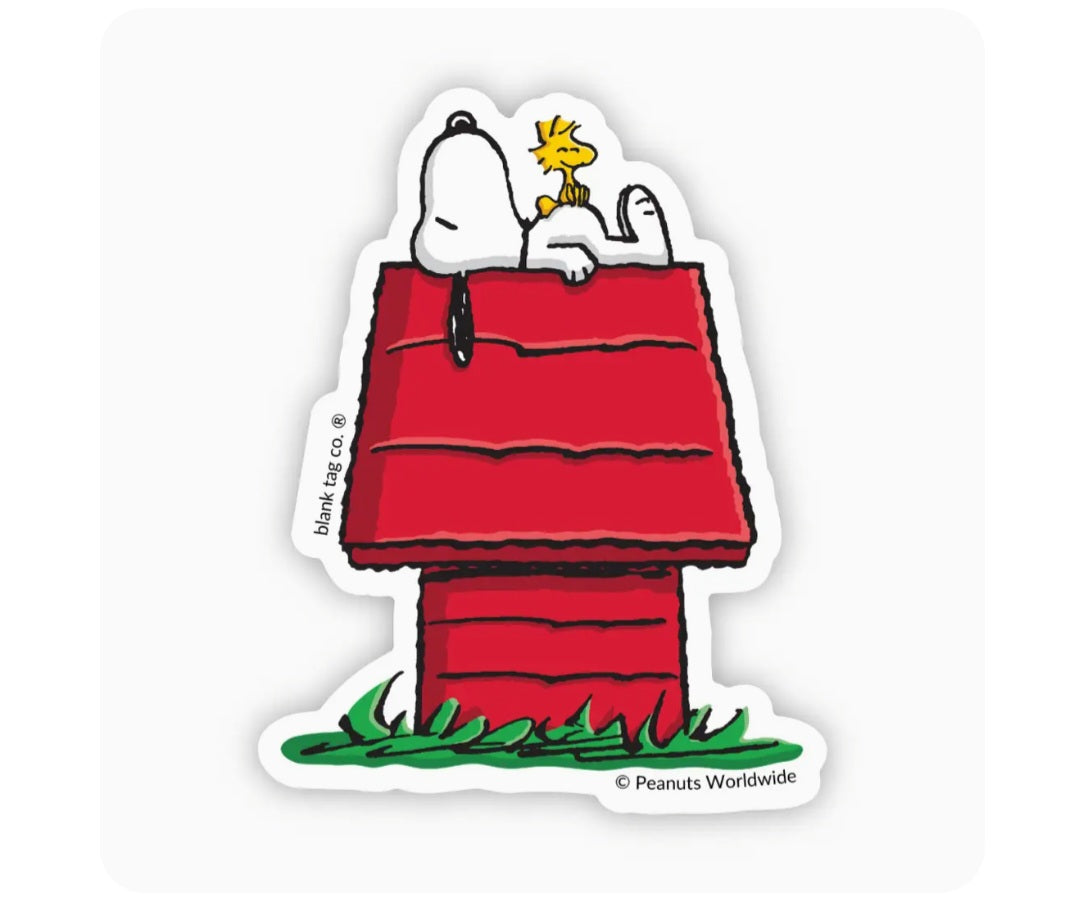 Waterproof sticker of Snoopy on red doghouse roof with yellow Woodstock bird