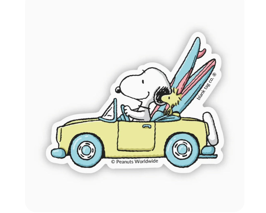 Peanuts waterproof sticker of Snoopy driving a van with Woodstock surfing