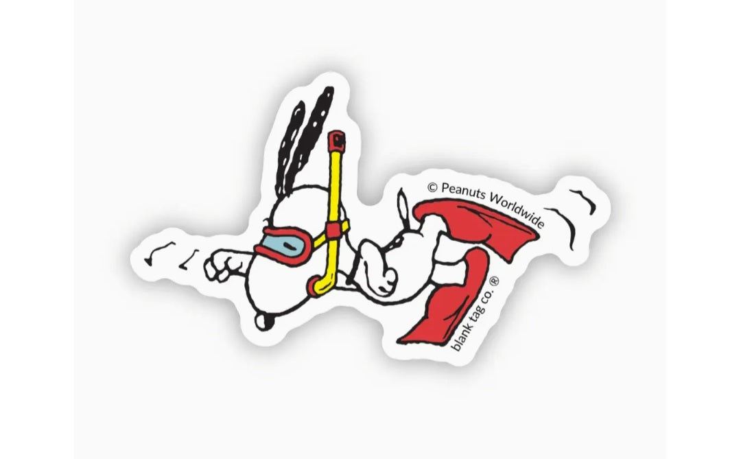 Waterproof Snoopy snorkeling sticker, Snoopy with yellow snorkel and red swim board