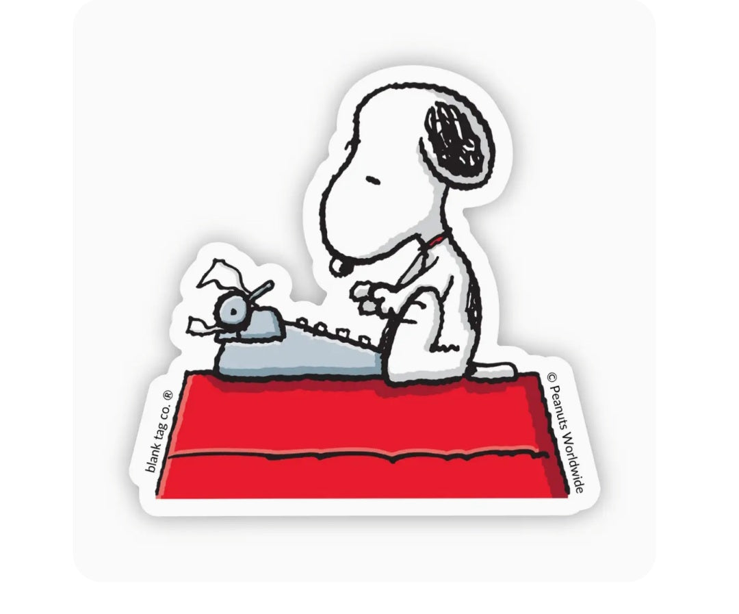 Snoopy typing waterproof sticker with red desk and small dog character