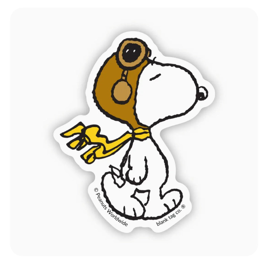 Waterproof Peanuts-style Snoopy pilot die-cut sticker, yellow hood and white suit