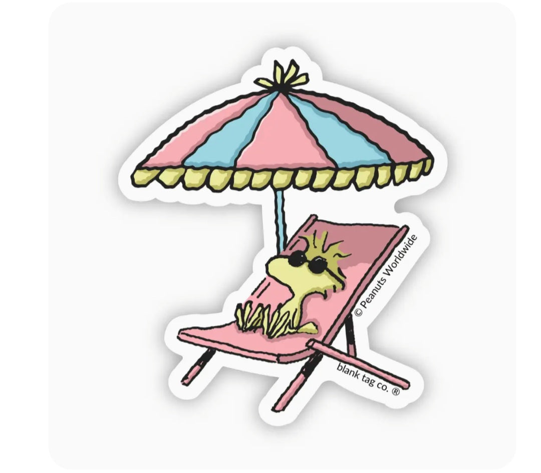 Waterproof Peanuts sticker of Woodstock under a pink beach umbrella with sign