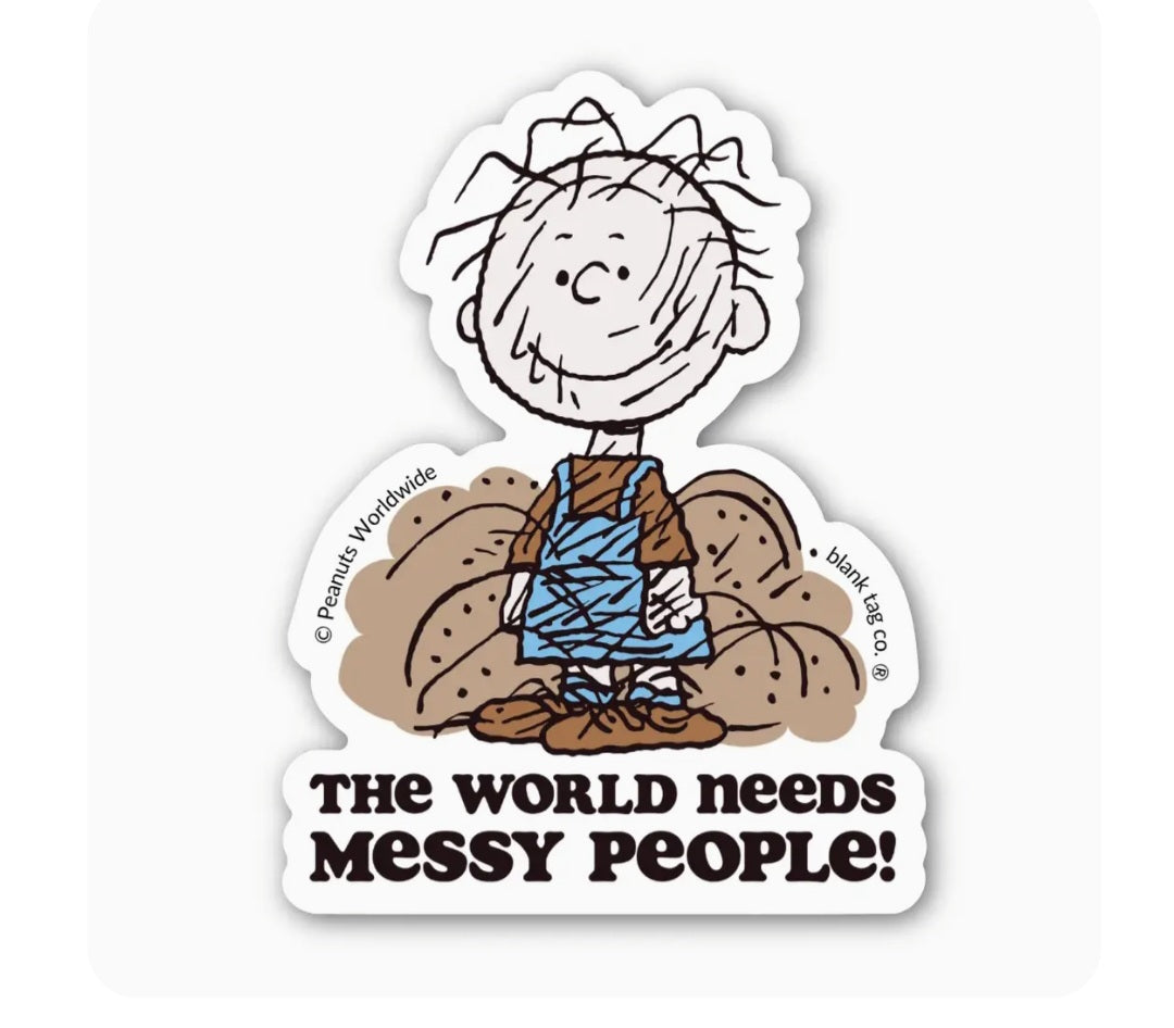 Waterproof sticker with cartoon messy-haired person and text 'THE WORLD NEEDS MESSY PEOPLE!'