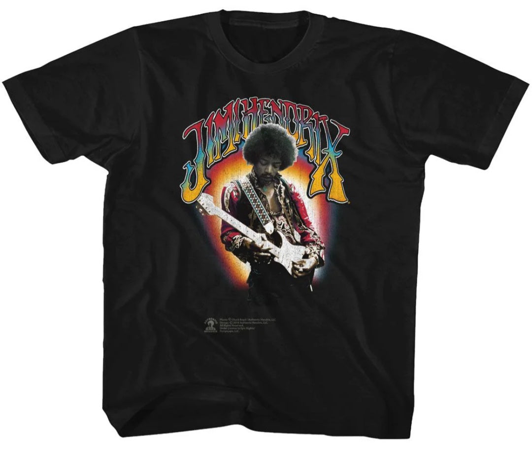 Toddler black T-shirt with Jimi Hendrix guitarist graphic and electric guitar