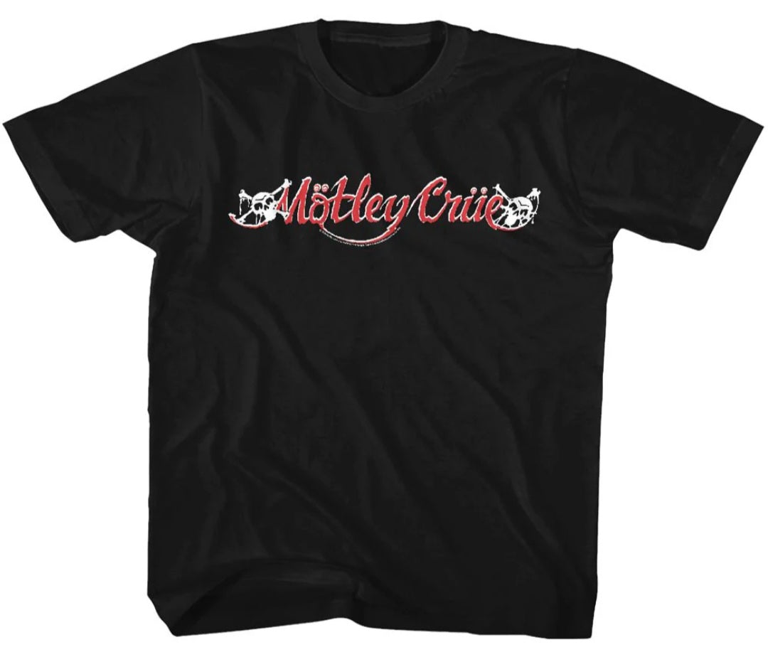 Toddler black T-shirt with Motley Crue logo graphic on front