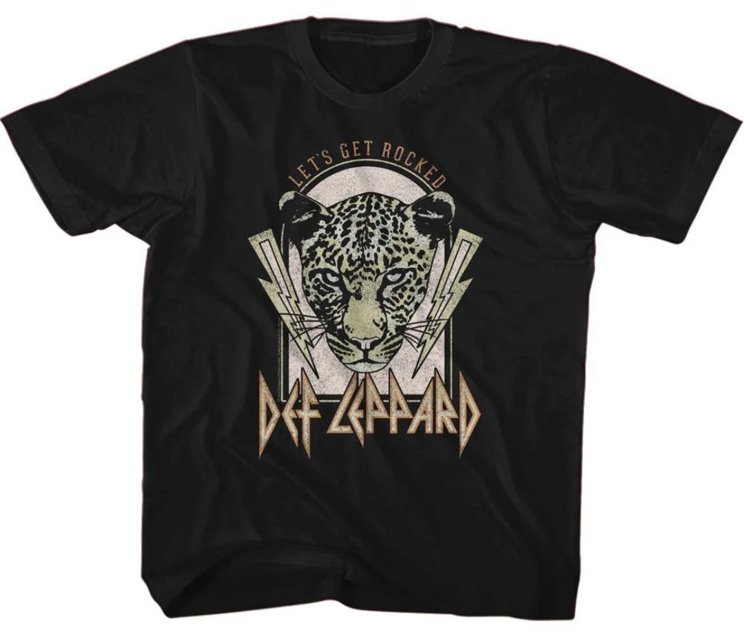 Def Leppard toddler black T-shirt with jaguar face graphic and band text