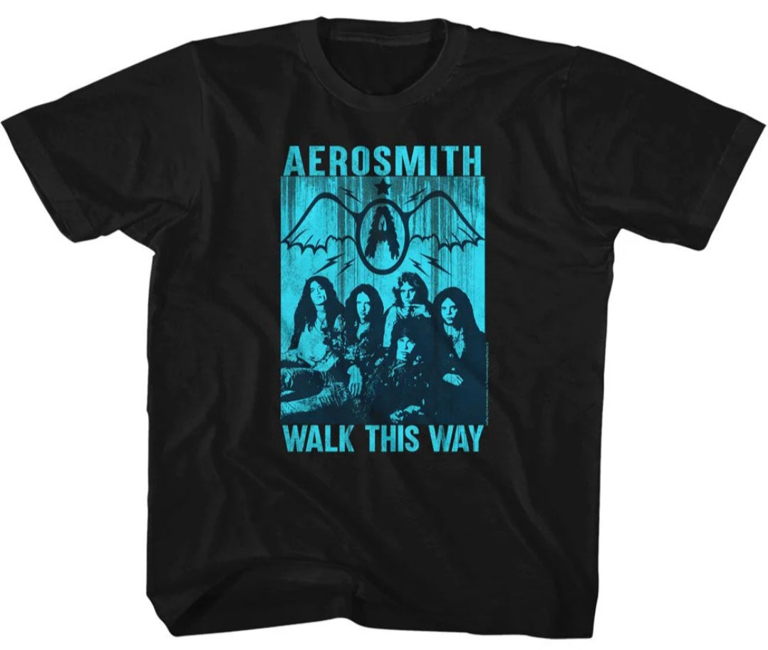 Toddler black Aerosmith T-shirt with blue band graphic and WALK THIS WAY text