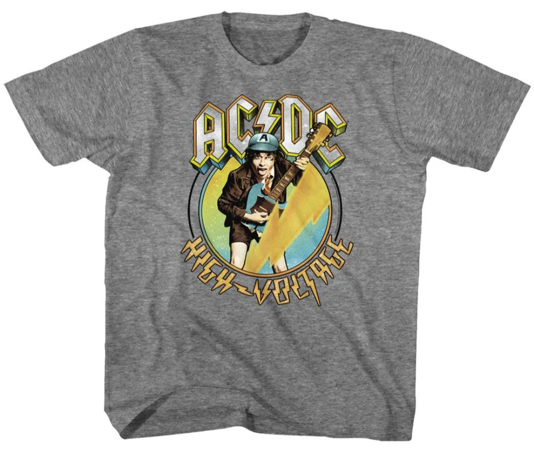 Heather gray toddler T-shirt with AC/DC High Voltage guitar graphic on chest