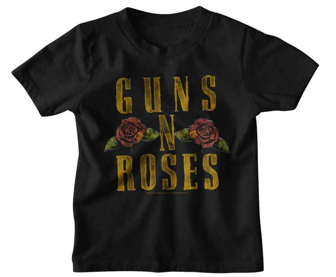 Black toddler band T-shirt with gold Guns N' Roses text and roses graphic