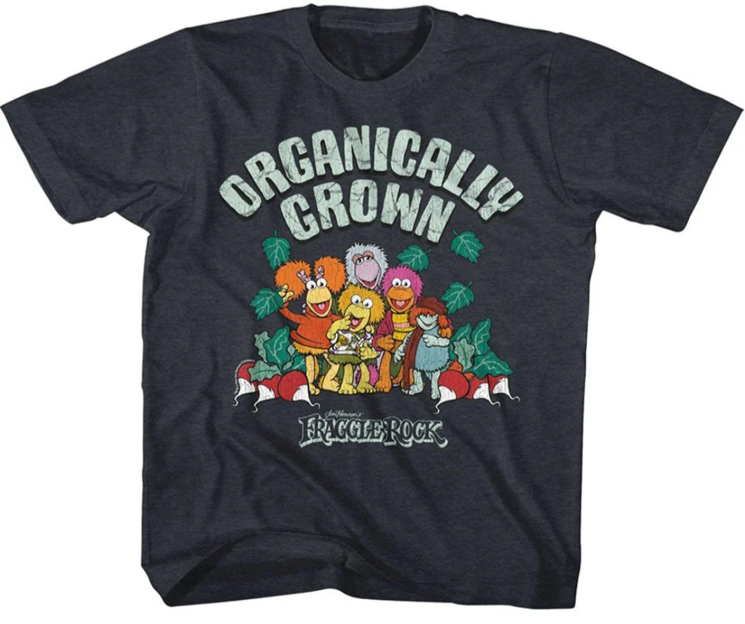 Toddler T-shirt in dark charcoal with colorful Fraggle Rock graphic on front.