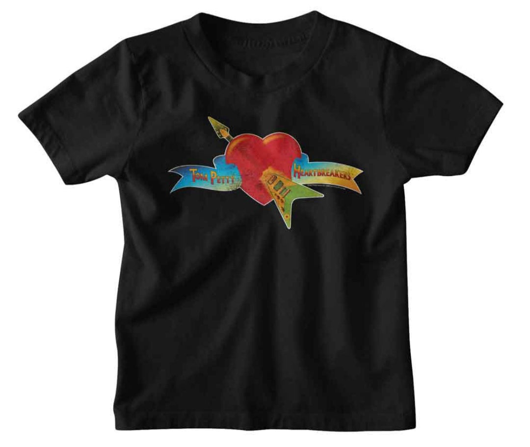 Toddler black T-shirt with colorful heart graphic and band-style logo
