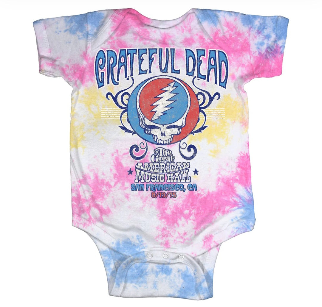 Tie-dye baby onesie with short sleeves, snap legs, and Grateful Dead graphic front