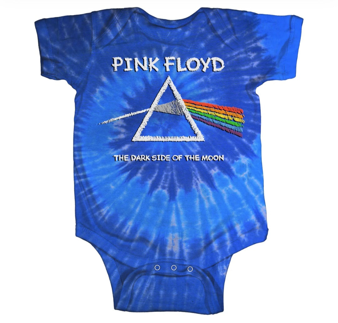 Blue tie-dye baby bodysuit with Pink Floyd logo and prism triangle graphic