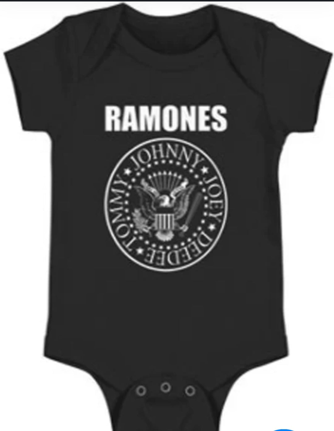 Black Ramones graphic baby onesie with short sleeves and snap buttons at crotch