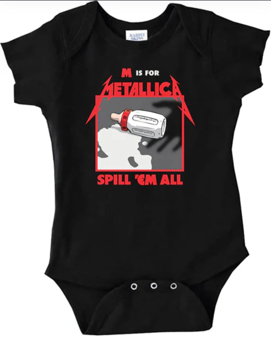 Black short-sleeve onesie with front graphic print and snap-button bottom