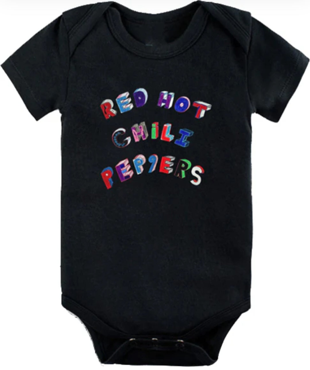 Black short-sleeve baby bodysuit with Red Hot Chili Peppers graphic on front