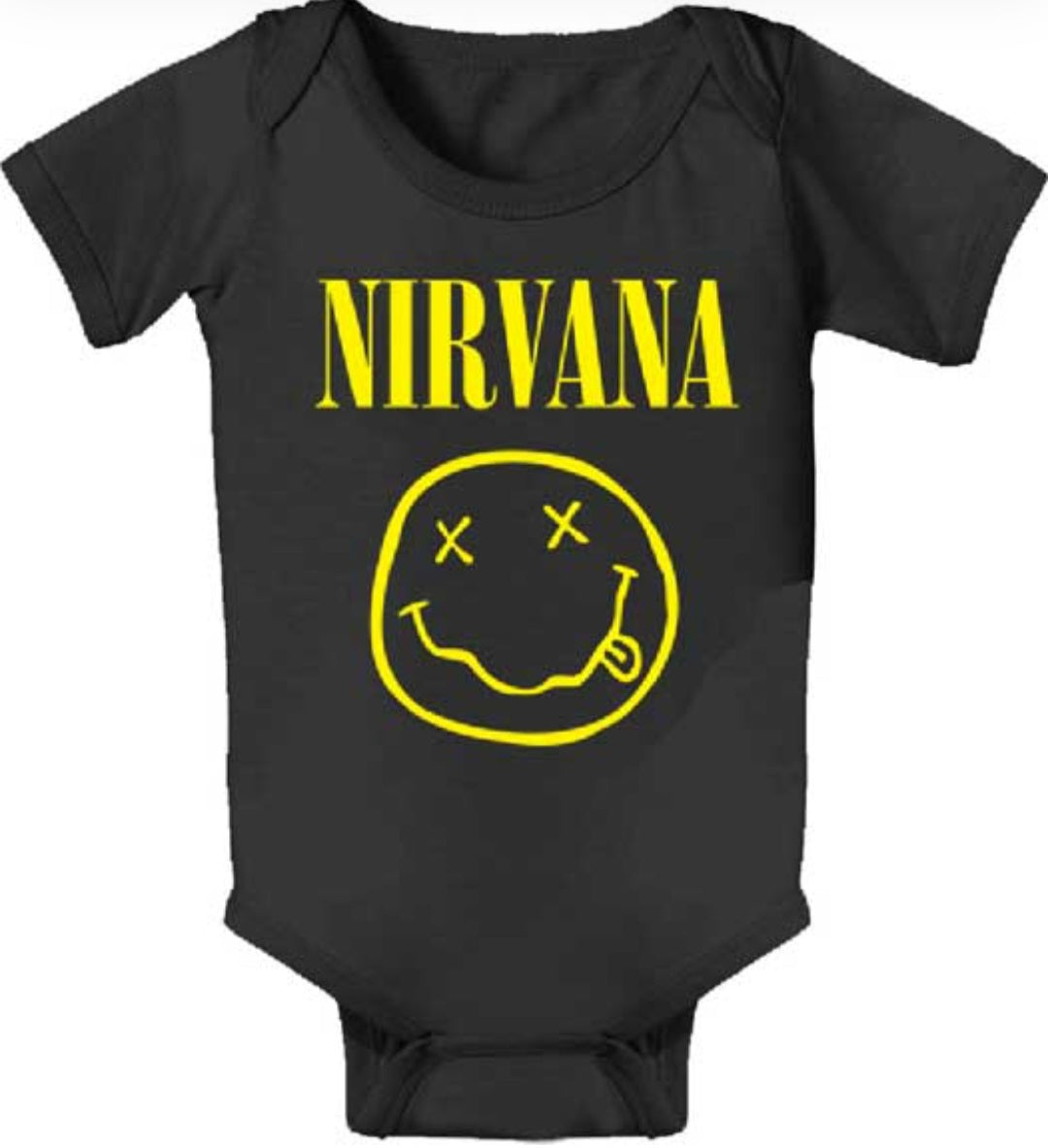 Black graphic Nirvana smiley onesie with short sleeves and snap bottom
