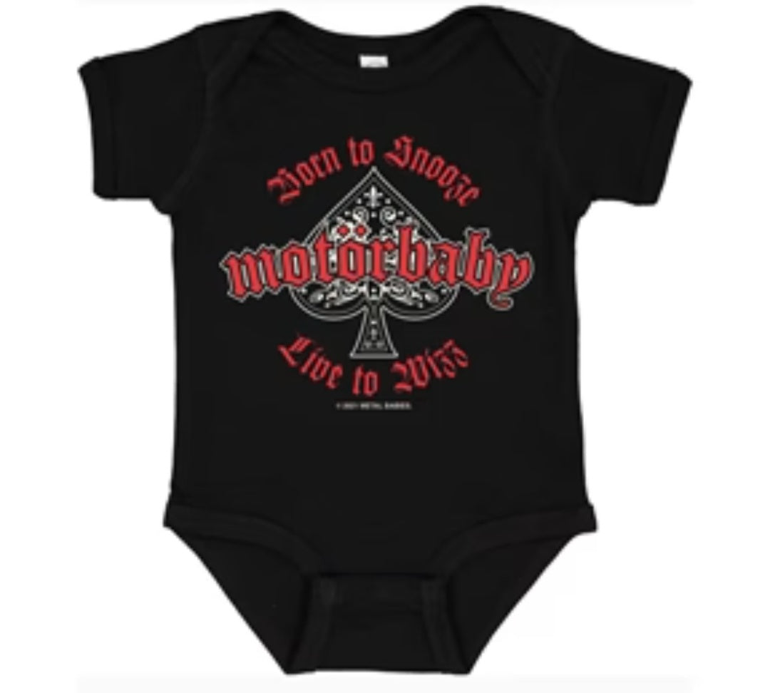 Black baby onesie with short sleeves and red Motorbaby graphic front