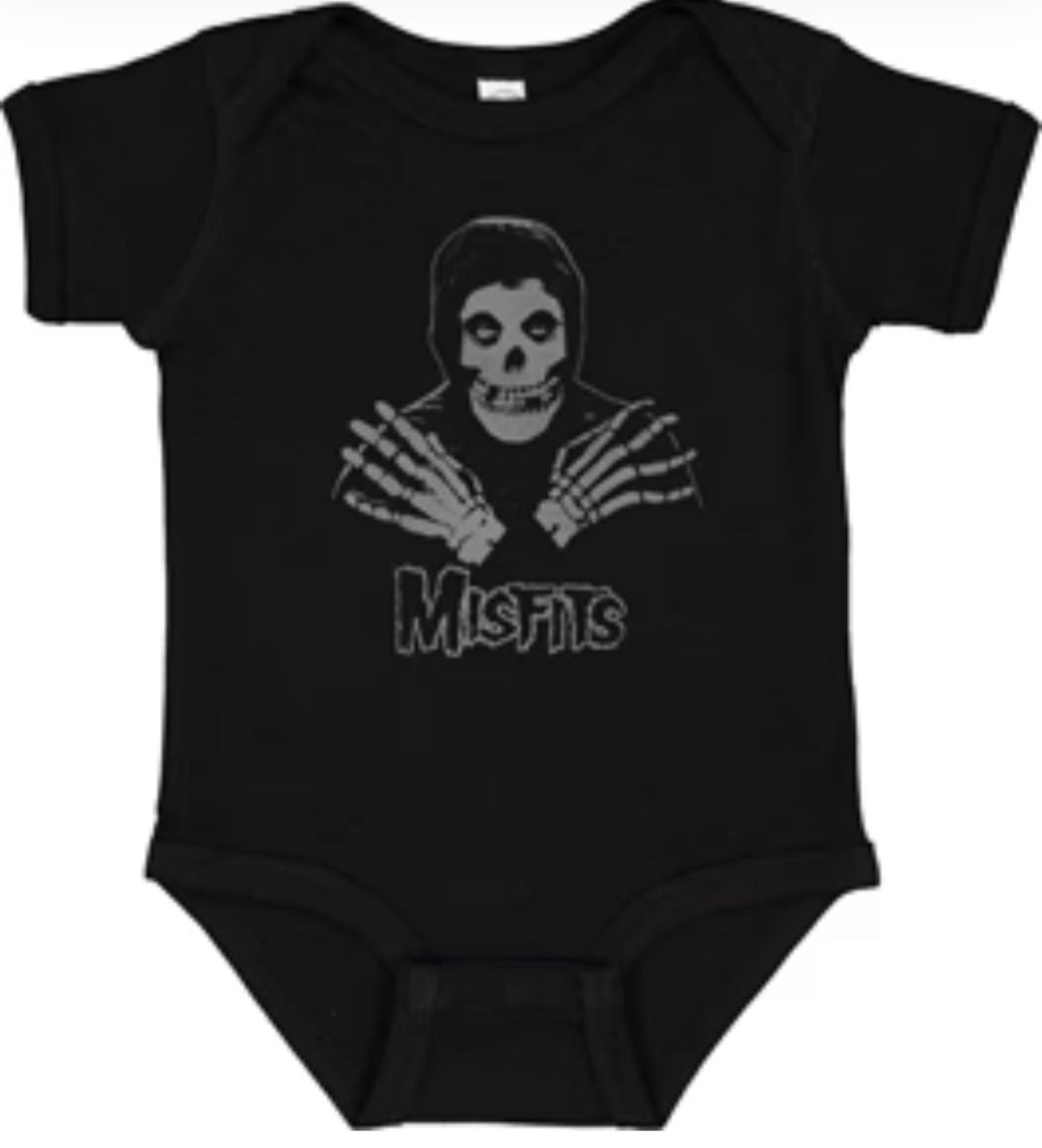 Black short-sleeve graphic onesie with skull-and-hands print