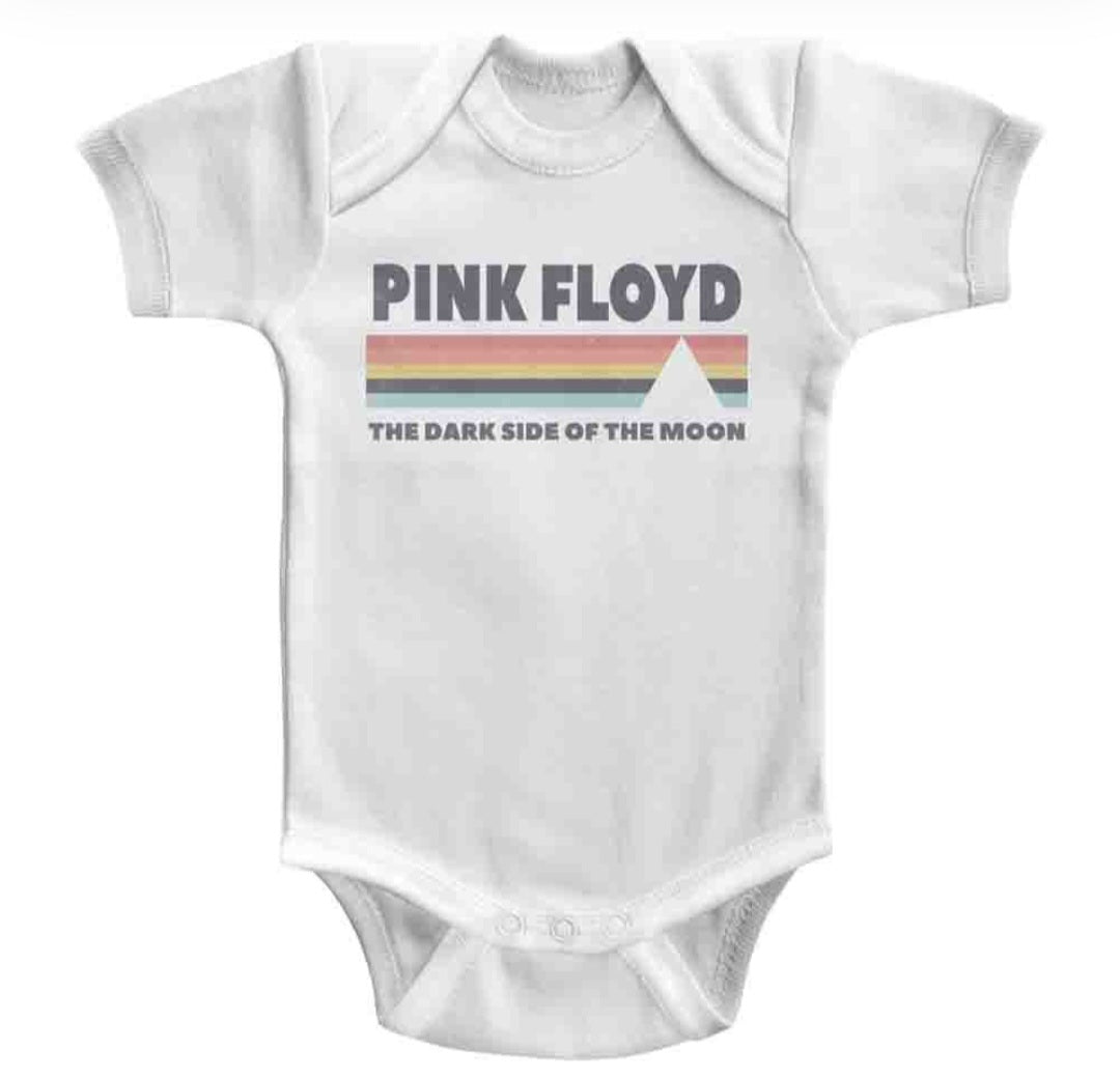 White baby onesie with Pink Floyd logo and “The Dark Side of the Moon” graphic