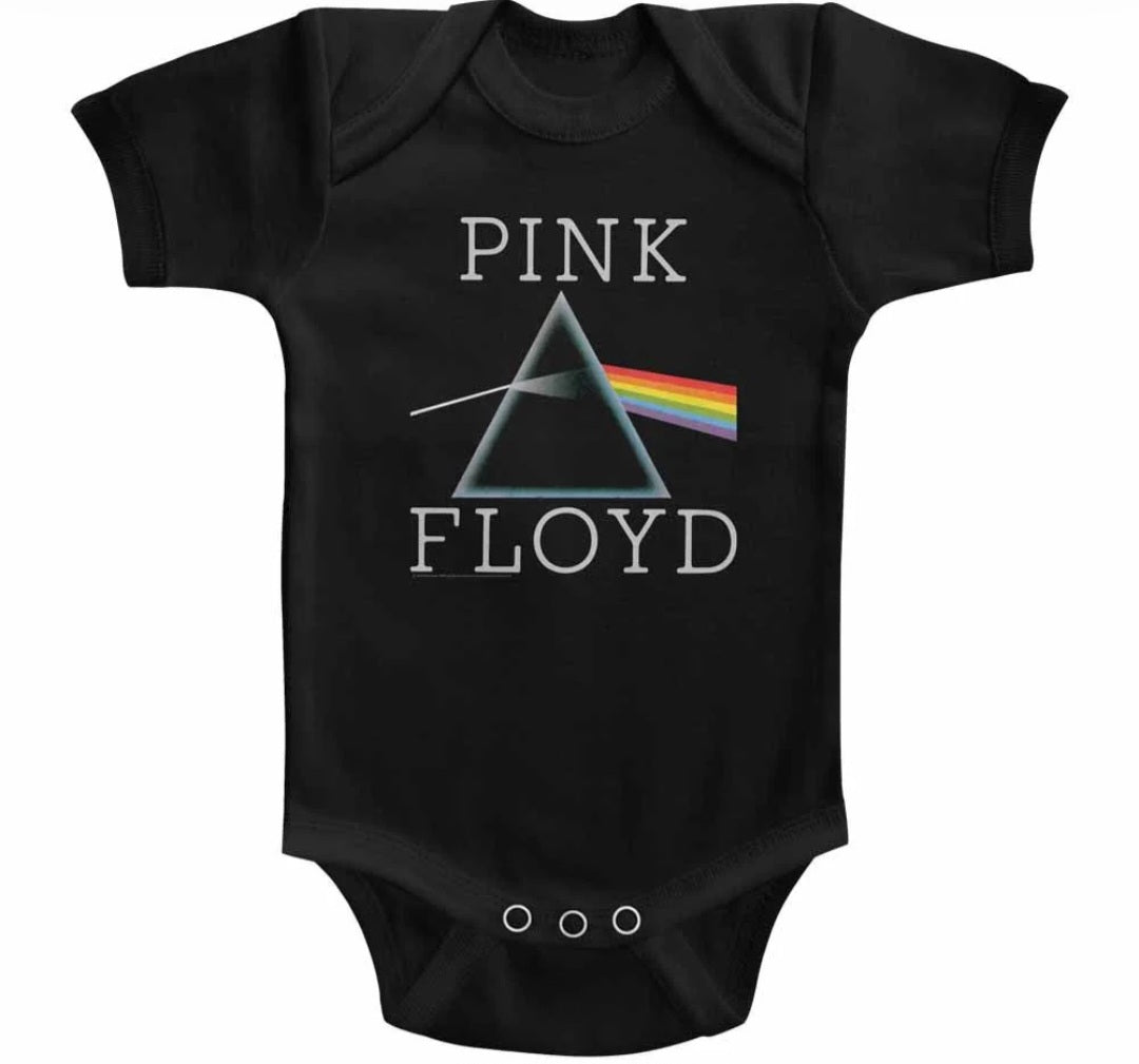 Black graphic baby onesie with Pink Floyd pyramid logo and snap closure