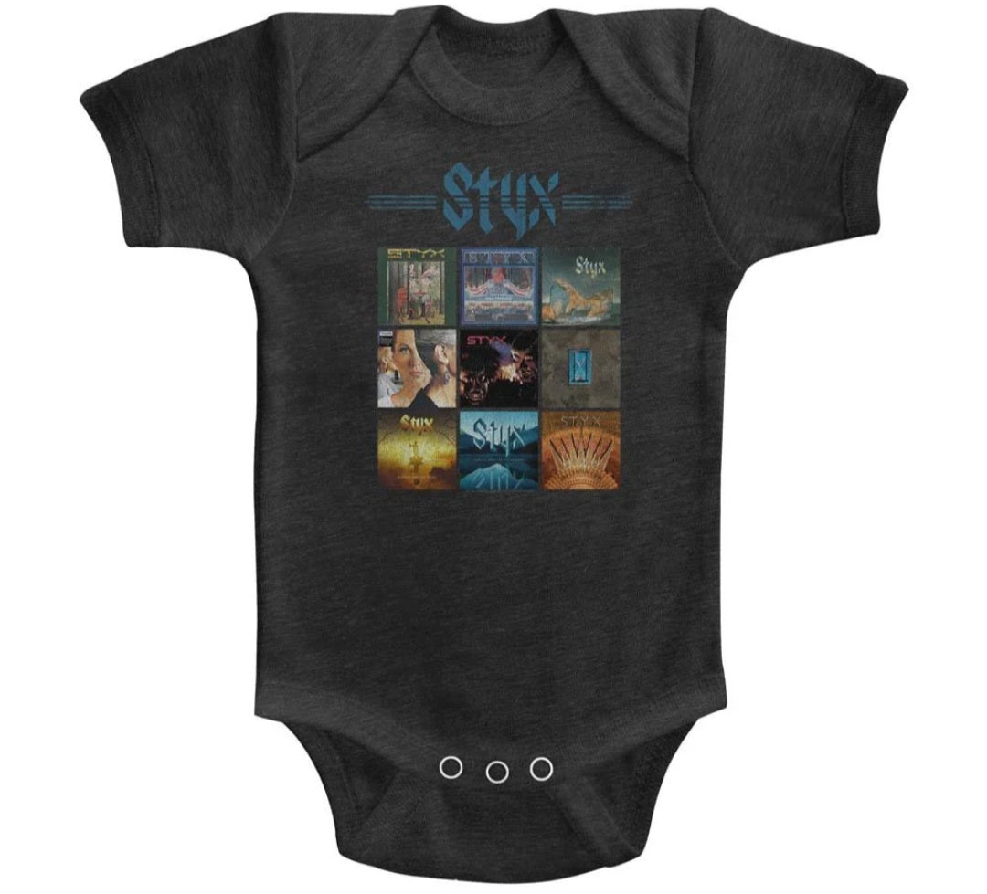 Black baby onesie with Styx graphic album artwork and short sleeves