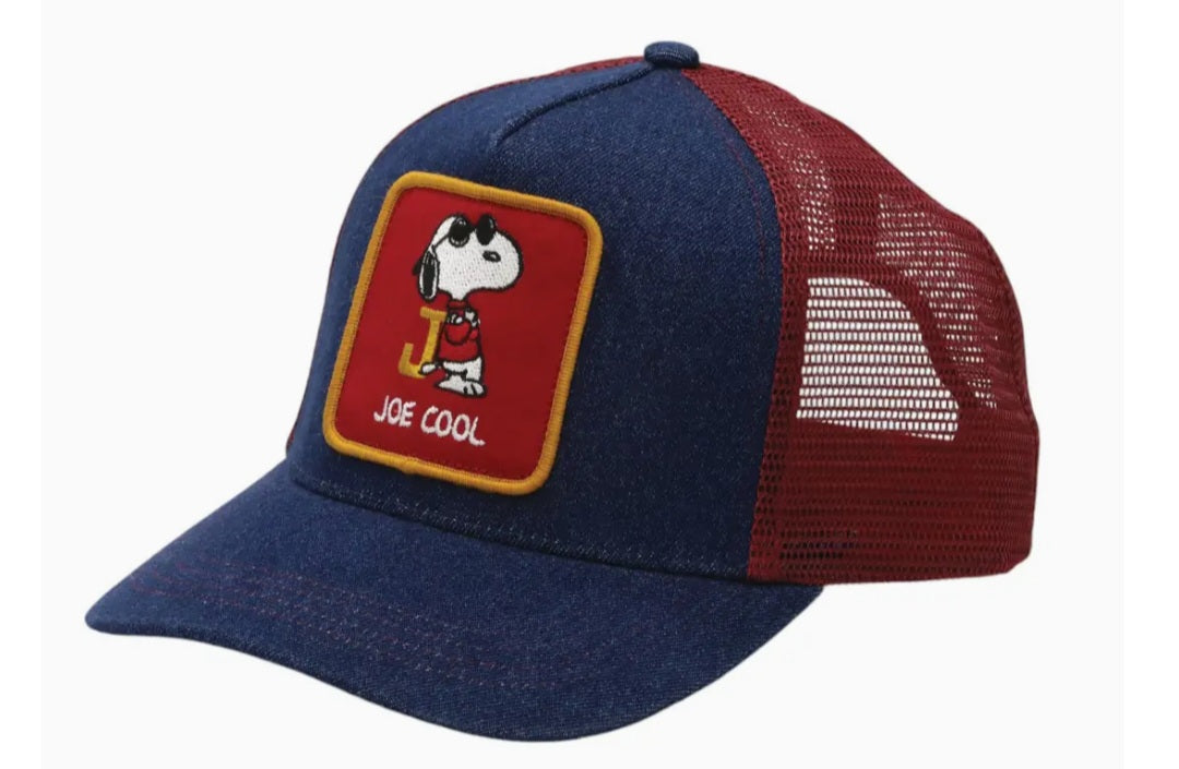 Denim Joe Cool baseball cap with red mesh back and front cartoon patch