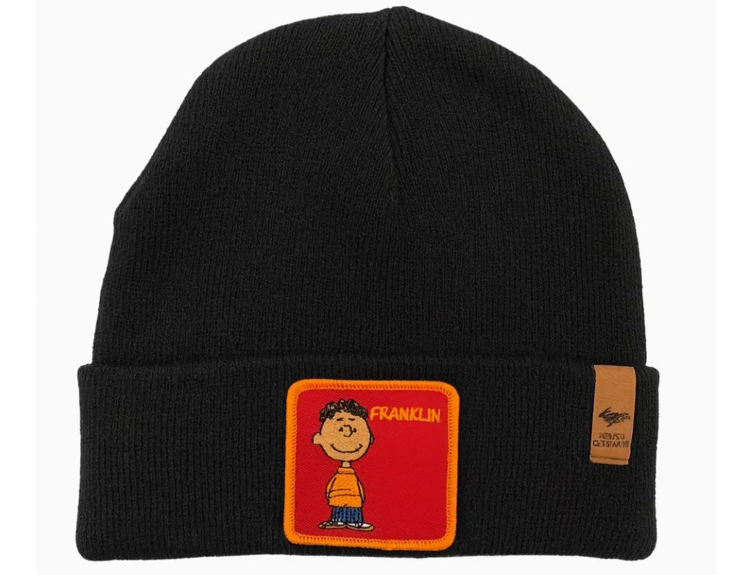 Black knit beanie with cuff and Franklin character front patch