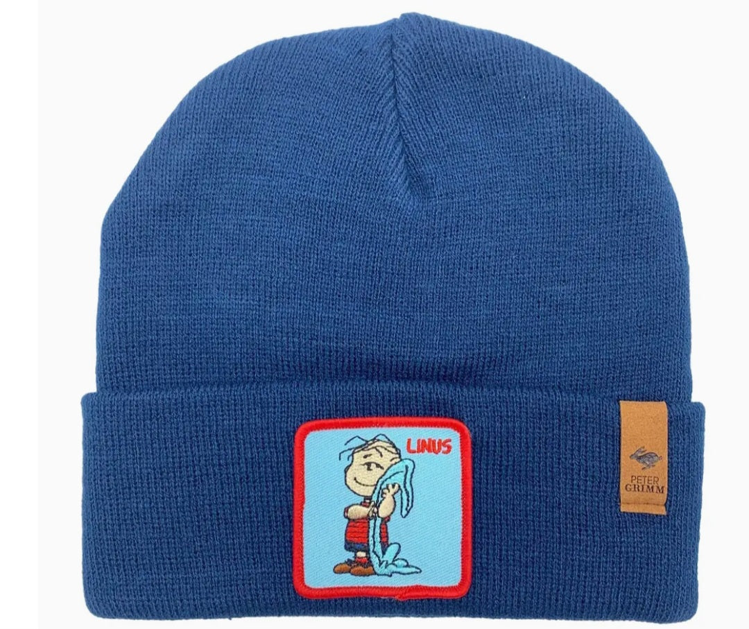 Blue knit beanie with Linus patch and small Peanuts logo tag