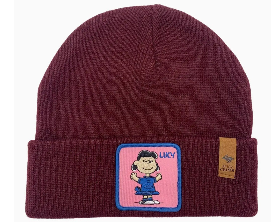 Burgundy knit beanie with Lucy character logo patch