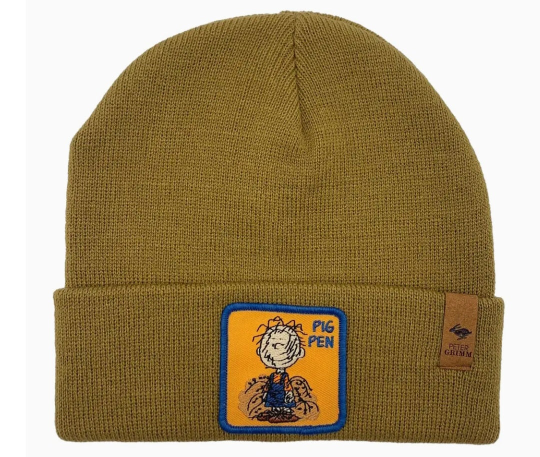 Tan knit beanie with Pig Pen character patch and small logo patch