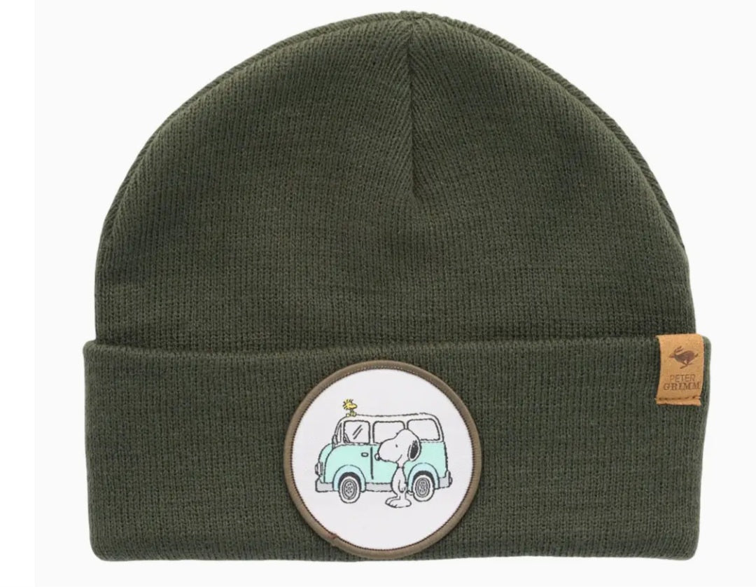 Hunter green knit beanie with circular Snoopy bus patch
