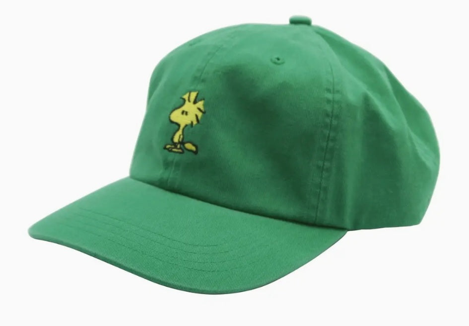 Green Peanuts dad cap with yellow cartoon bird front patch