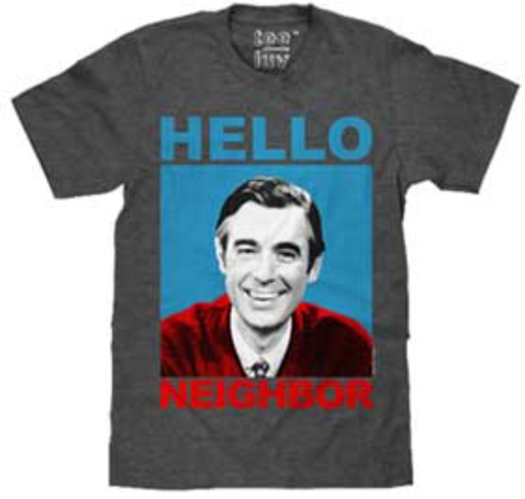Gray crewneck graphic T-shirt with Hello Neighbor text and portrait print