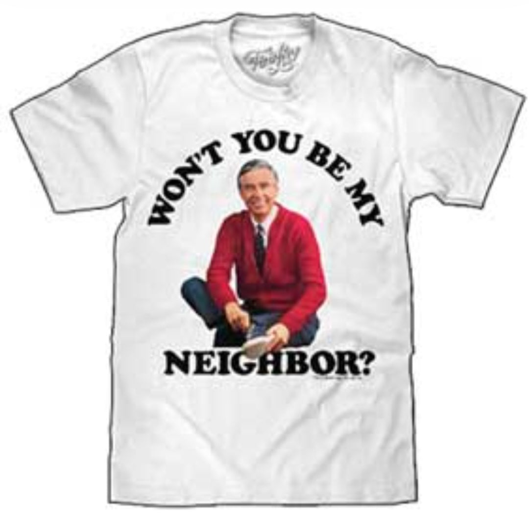 White T-shirt with 'Won't You Be My Neighbor?' print and red-jacket figure