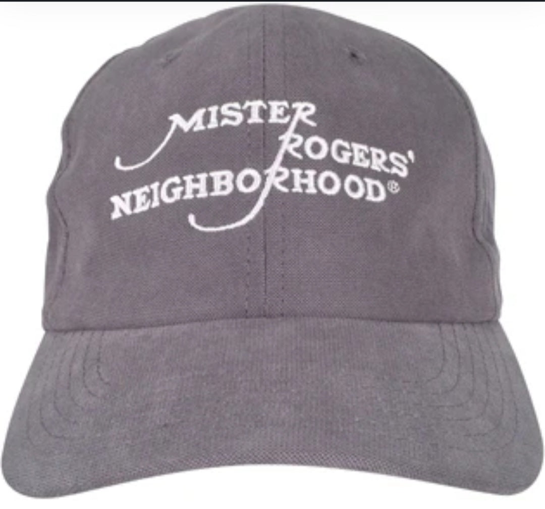 Gray dad hat with embroidered “Mister Rogers' Neighborhood” on front