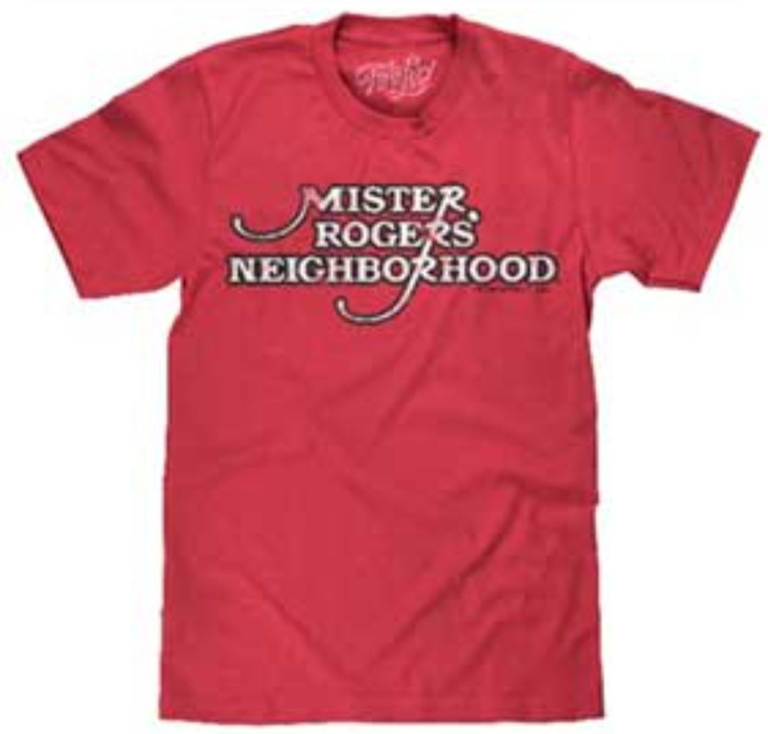 Red Mister Rogers' Neighborhood T-shirt with front logo graphic